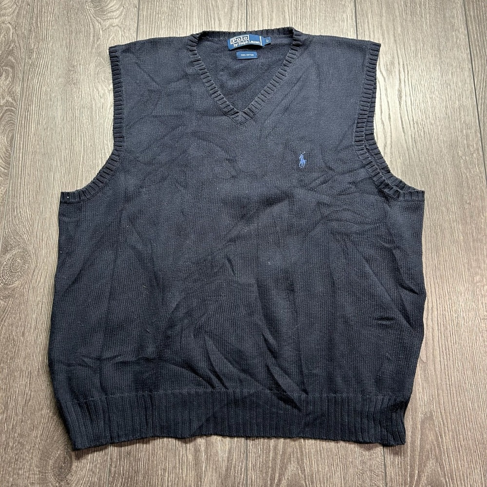 Vintage Polo Ralph Lauren Mens Large Navy Blue Cotton V-Neck Sweater Vest